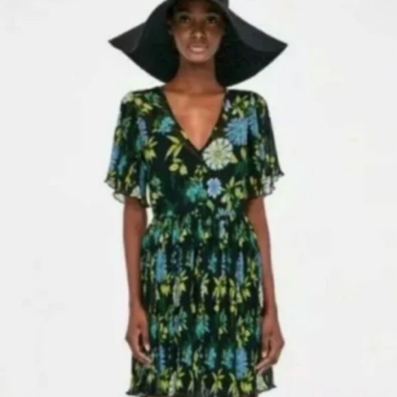 Zara Floral Print Pleated Semi-Sheer Dress | Color: Blue/Green | - Picture 1 of 5